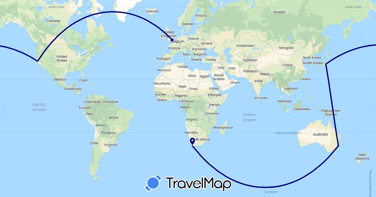 TravelMap itinerary: driving in Australia, United Kingdom, Japan, United States, South Africa (Africa, Asia, Europe, North America, Oceania)